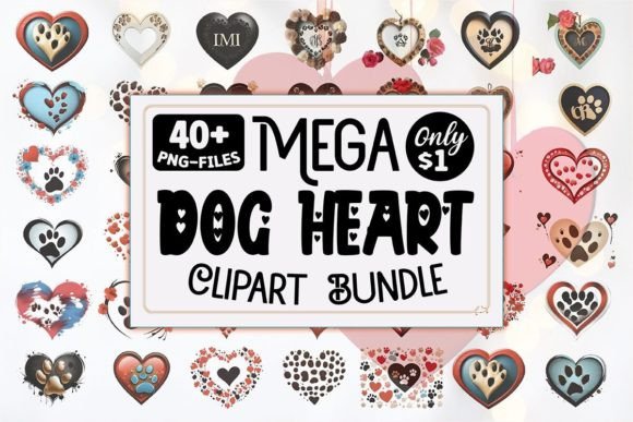 Dog Paw Print Heart PNG Clipart Bundle
